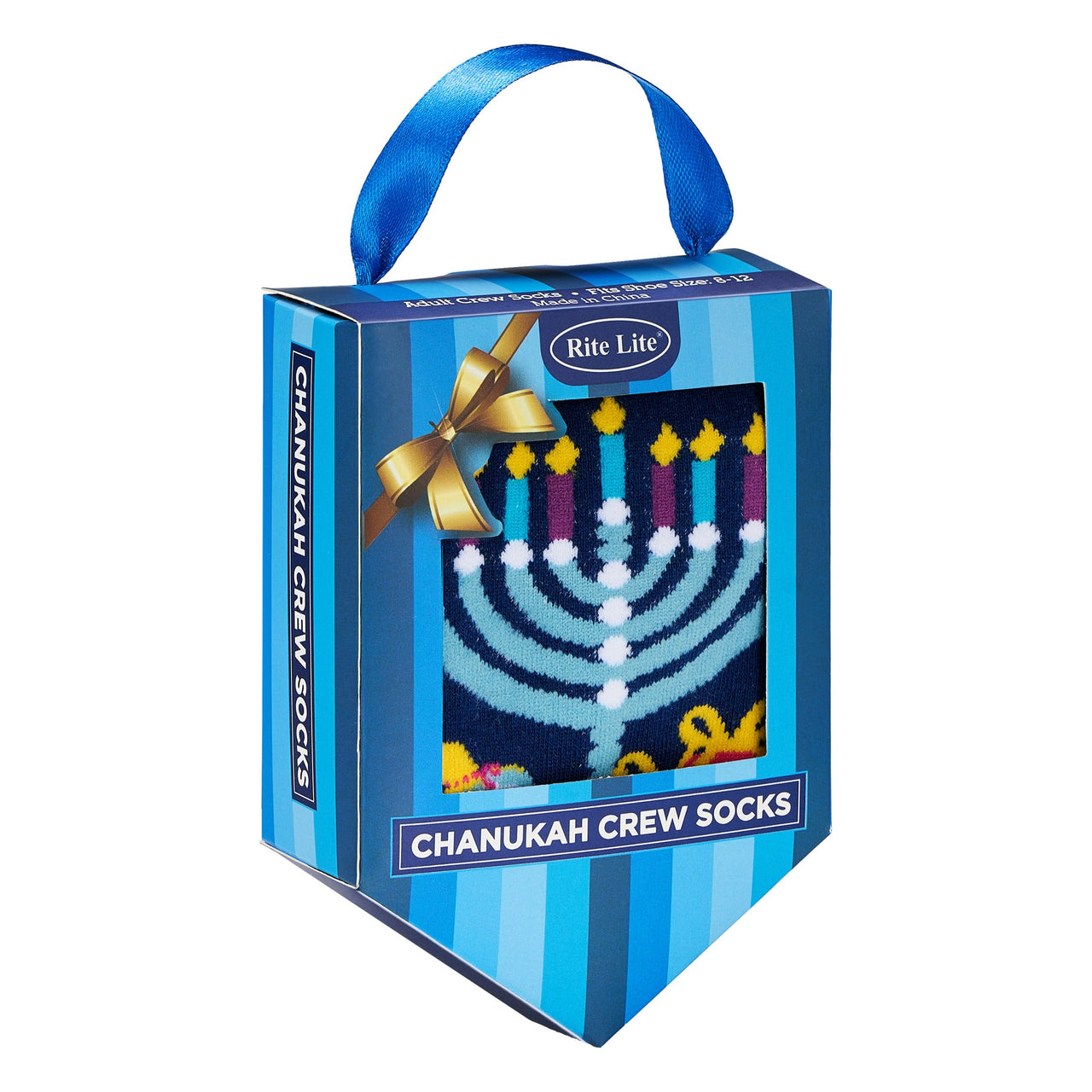Dreidel-shaped Chanukah crew socks gift box with gold bow, angled view