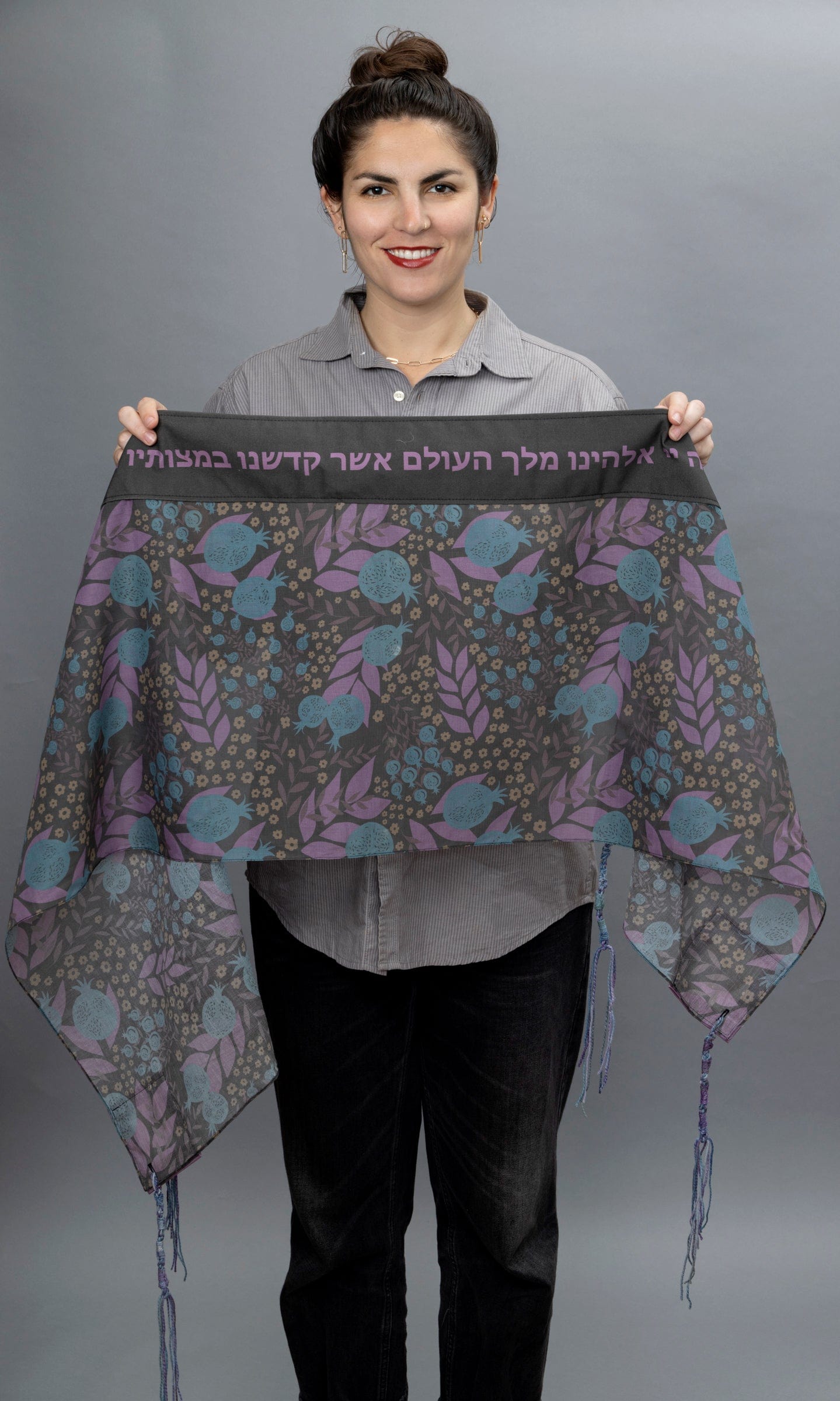 Elly Bovarnick Studios Tallises Youthful Aqua, Purple and Tan Pomegranates Cotton Tallit