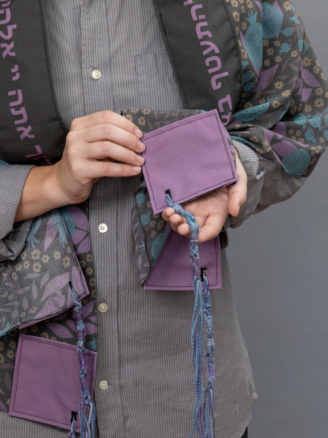 Elly Bovarnick Studios - Aqua, Purple and Tan Pomegranates Cotton Tallit - ModernTribe