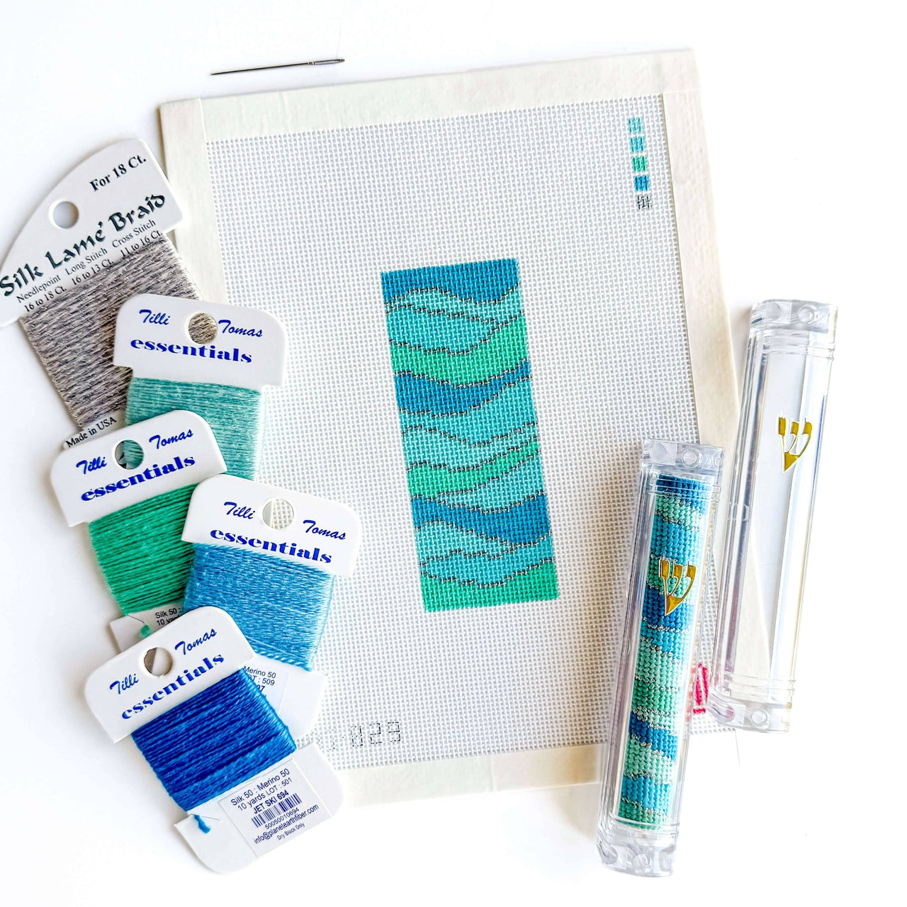 Allison Ivy - Atlantic Waves Hand - Painted Needlepoint Mezuzah Kit - ModernTribe