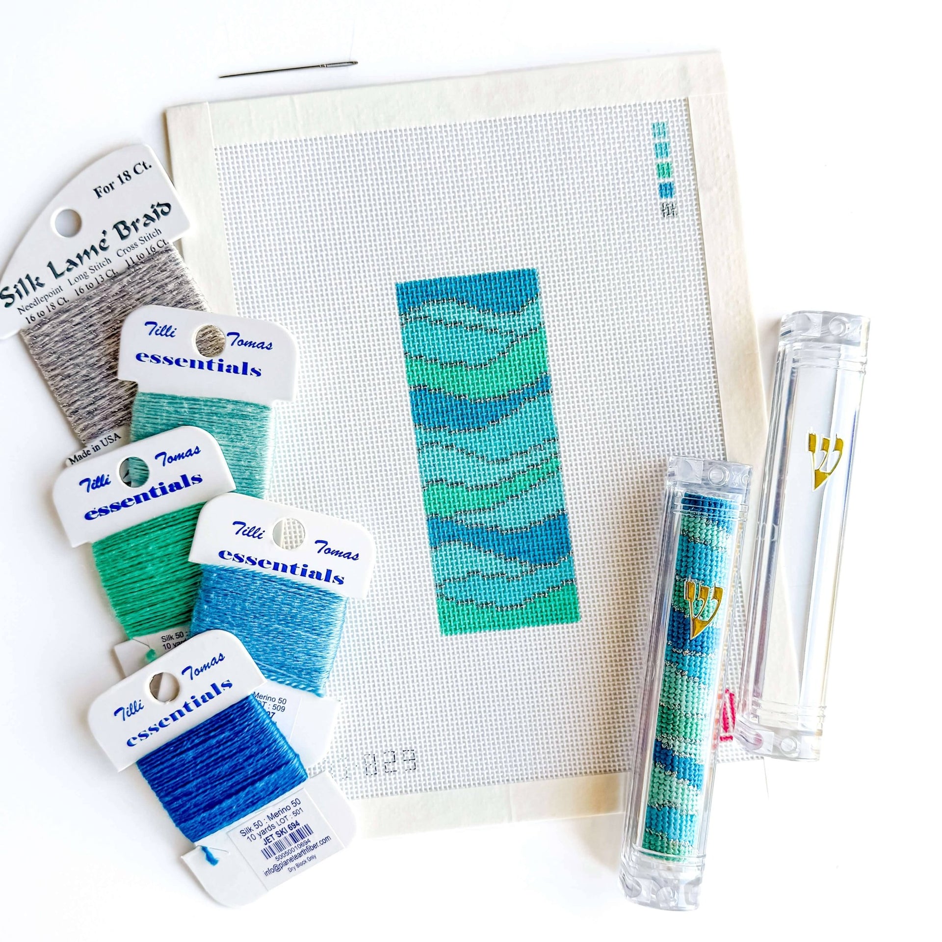 Allison Ivy - Atlantic Waves Hand - Painted Needlepoint Mezuzah Kit - ModernTribe