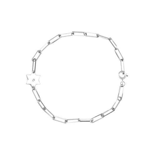 Sterling Silver Star of David Diamond Paperclip Bracelet - Size: 6.5"