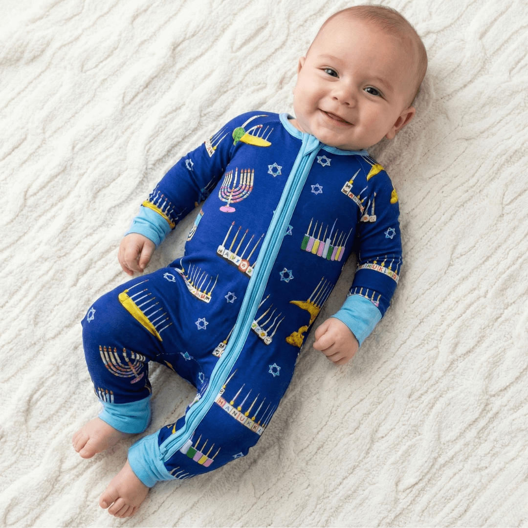 Amy Kritzer Becker - Hanukkah Many Menorahs Bamboo Onesie Pajamas - (Baby Sizes 3M - 24M) - ModernTribe