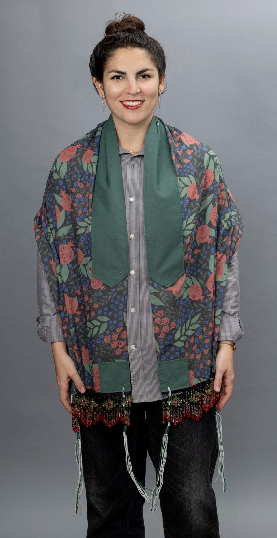 Elly Bovarnick Studios - Black, Red and Green Pomegranates with Glass Beading Tallit - ModernTribe