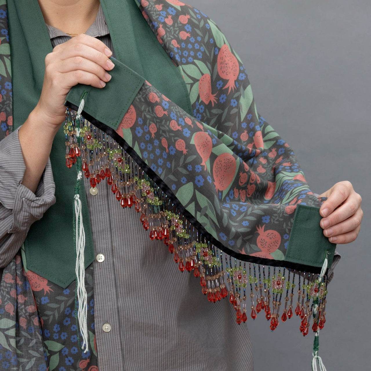 Elly Bovarnick Studios - Black, Red and Green Pomegranates with Glass Beading Tallit - ModernTribe