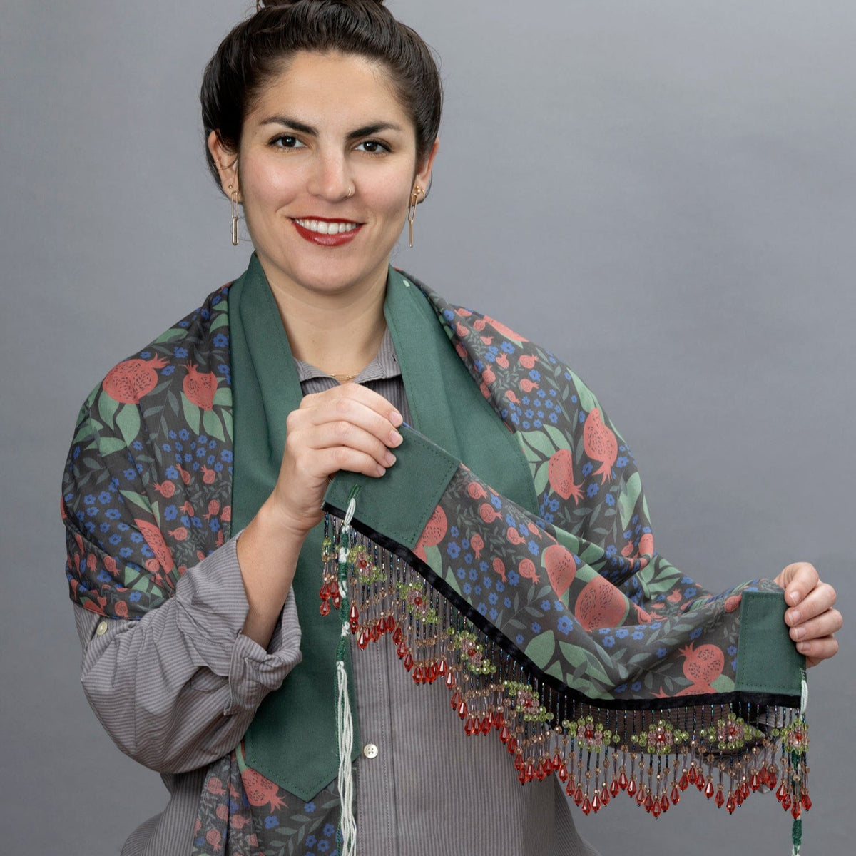 Elly Bovarnick Studios - Black, Red and Green Pomegranates with Glass Beading Tallit - ModernTribe