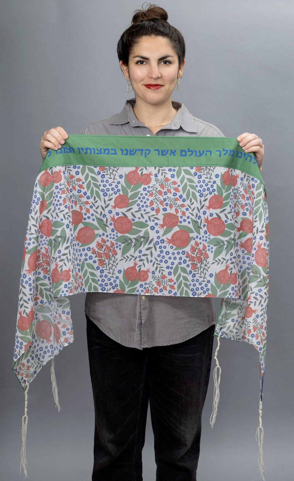 Elly Bovarnick Studios - Blue, Red and Green Pomegranates Cotton Tallit - ModernTribe