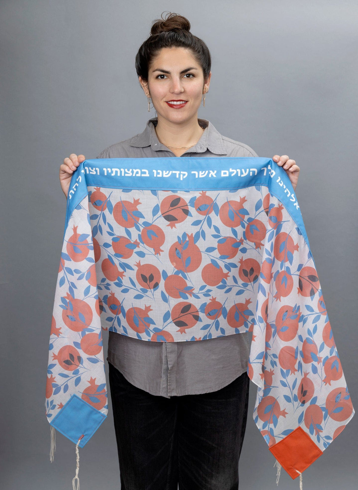 Talit Graphi Blue and Red Graphic Pomegranates Cotton Tallit