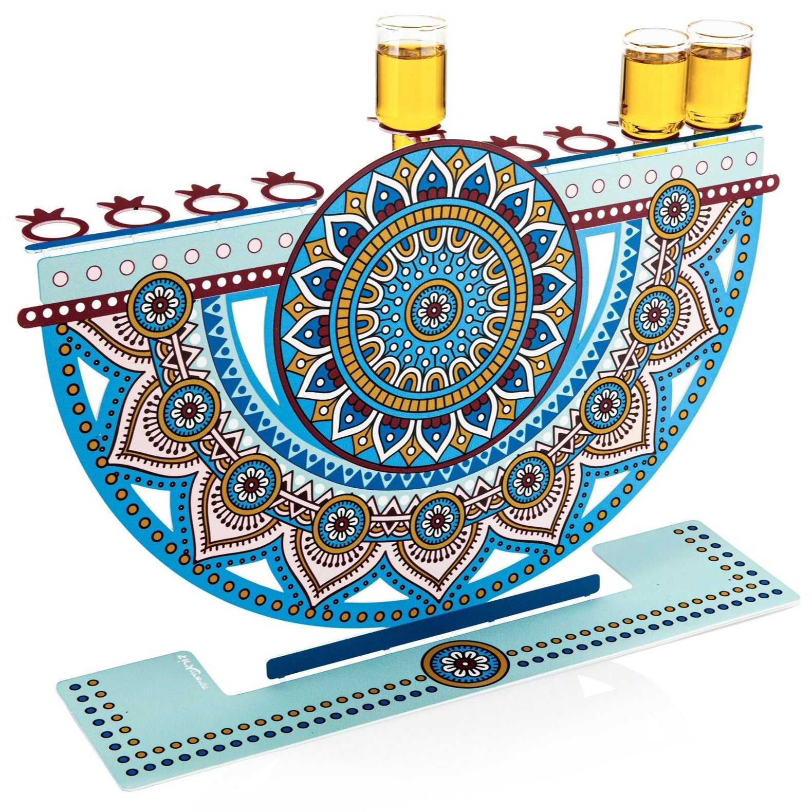 Pomegranate mandala menorah made of metal with a colorful print Made in offers Israel