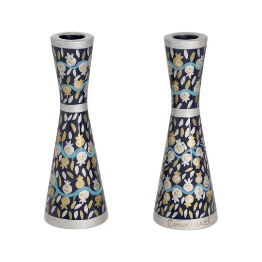 Painted Blue Pomegranate Candlesticks by Yair Emanuel