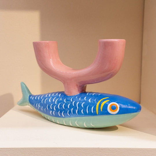 Hand-Painted Fish Ceramic Shabbat Candle Holder