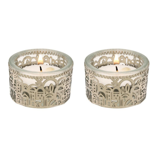 Tea Light Holders With Metal Cutout of Jerusalem by Yair Emanuel - Silver