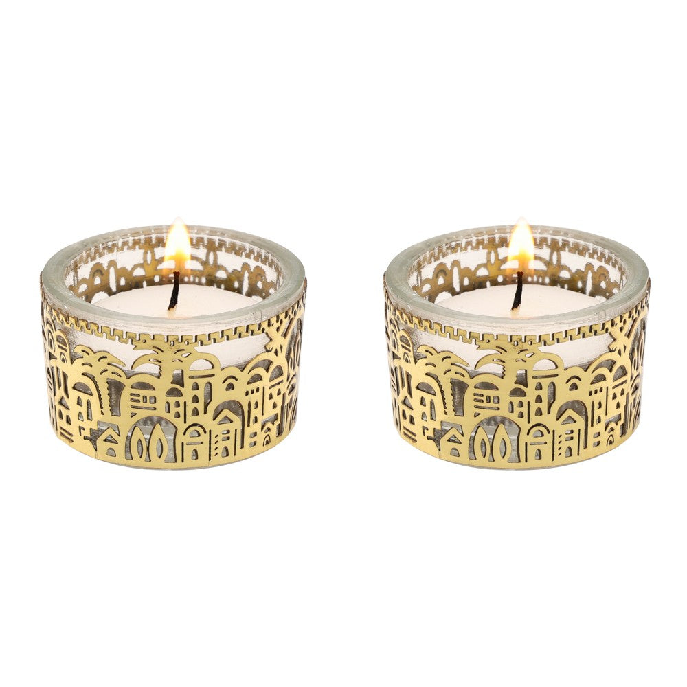 Tea Light Holders with Metal Cutout of Jerusalem by Yair Emanuel - Gold