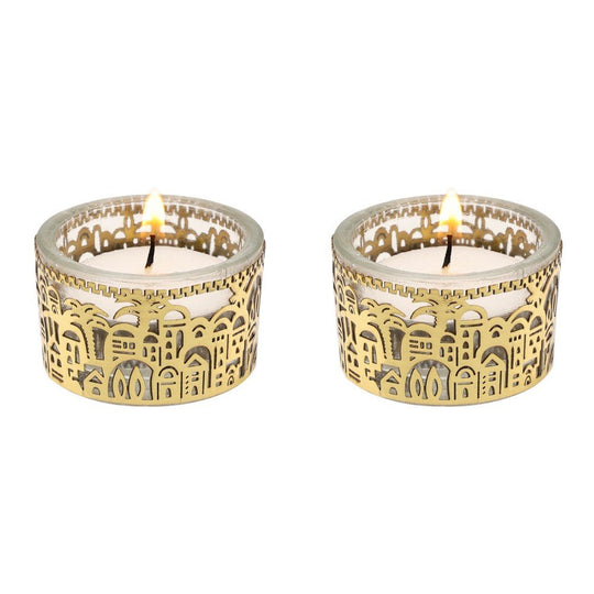 Tea Light Holders with Metal Cutout of Jerusalem by Yair Emanuel - Gold