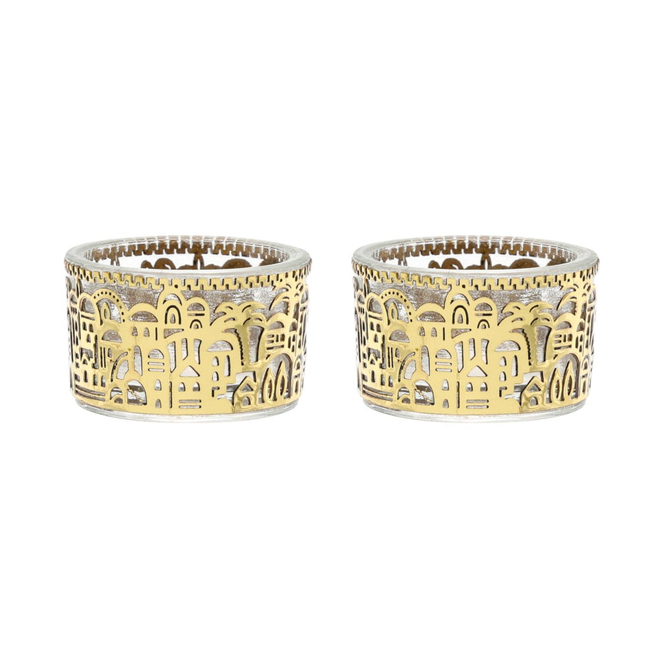 Tea Light Holders with Metal Cutout of Jerusalem by Yair Emanuel - Gold