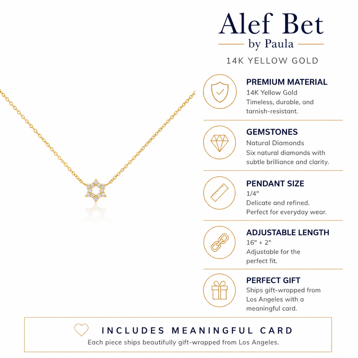Alef Bet Necklaces Diamond Pendant with Jewish Star of David - 14k Yellow, White or Rose Gold