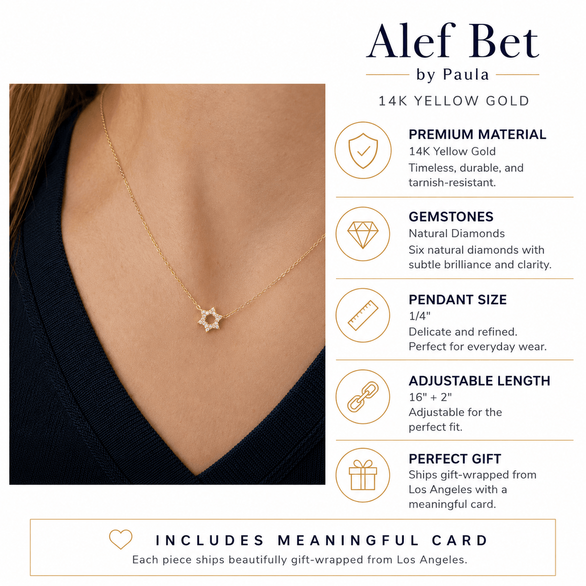Alef Bet Necklaces Diamond Pendant with Jewish Star of David - 14k Yellow, White or Rose Gold