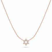 Alef Bet Necklaces Rose Gold / 16" chain Diamond Pendant with Jewish Star of David - 14k Yellow, White or Rose Gold