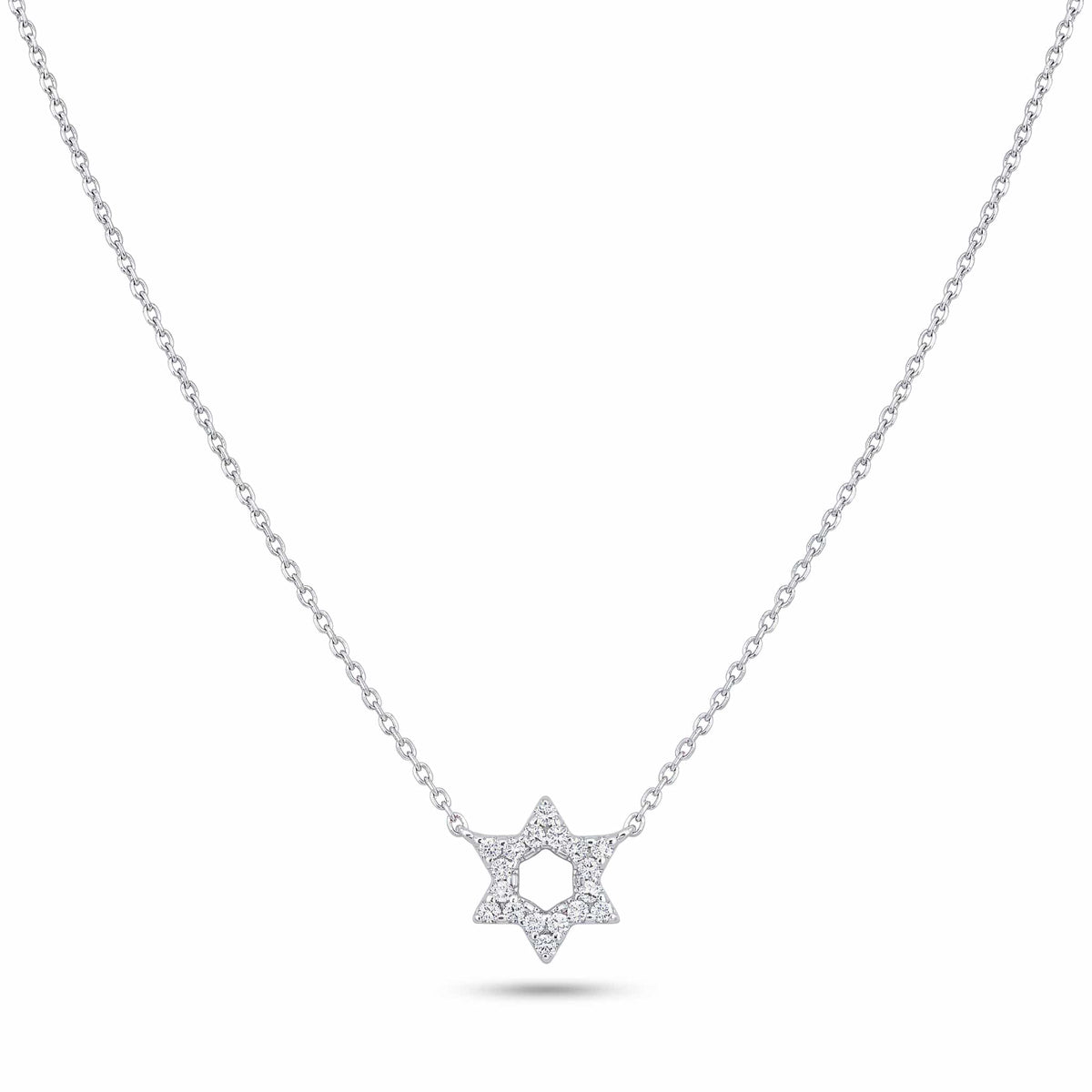 Alef Bet Necklaces White Gold / 16" chain Diamond Pendant with Jewish Star of David - 14k Yellow, White or Rose Gold