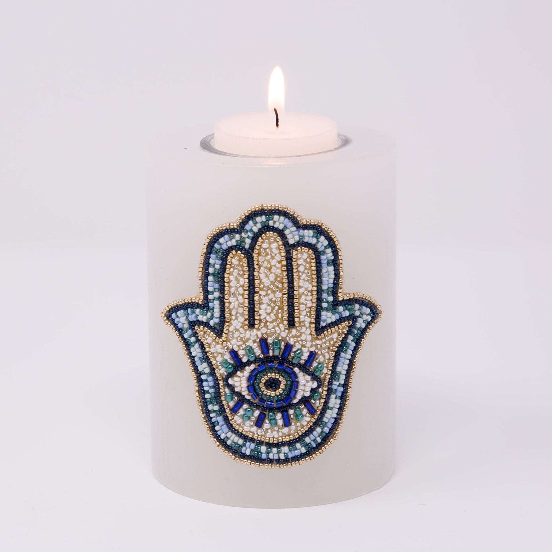 Adara Rituals Candlesticks Hamsa Basha Beaded Pillar Candleholder