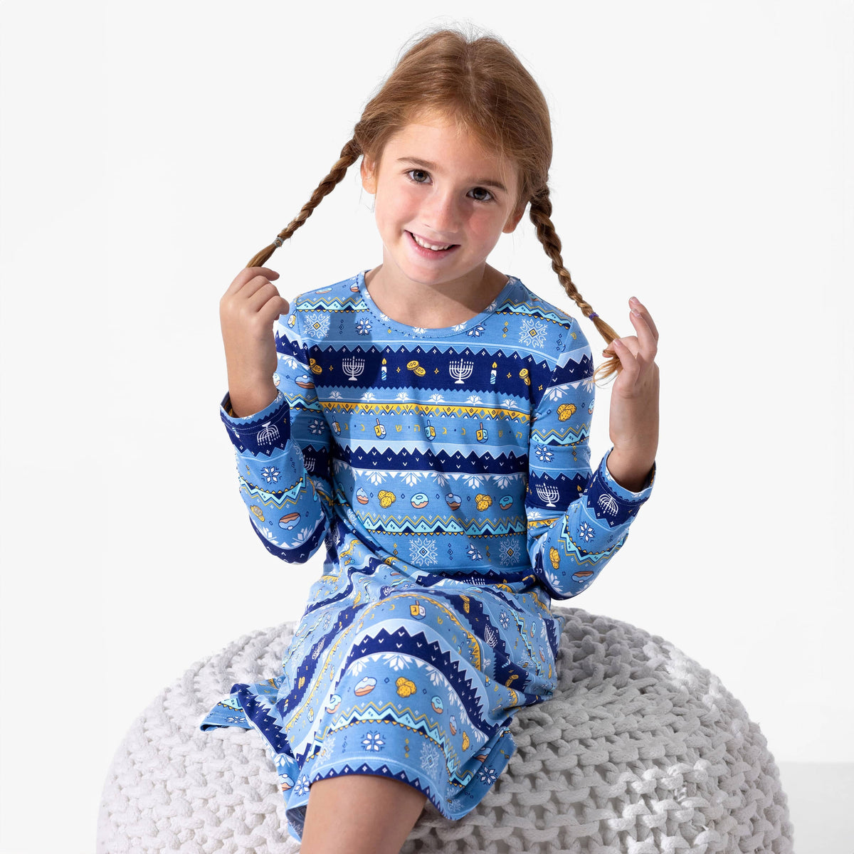 Bellabu Bear Dresses Hanukkah Fair Isle Bamboo Girls' Long Sleeve Dress by Bellabu Bear - (Sizes 2T - 14)