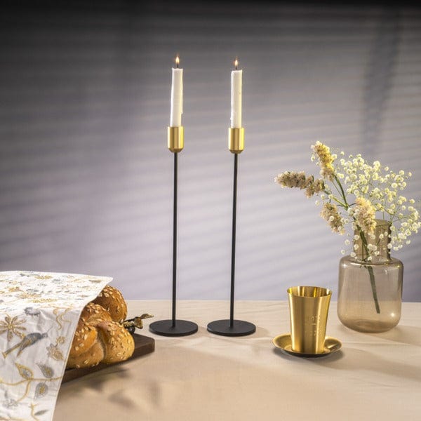 Yair Emanuel - Sleek Black and Gold Shabbat Candlesticks by Yair Emanuel - 13" Tall - ModernTribe