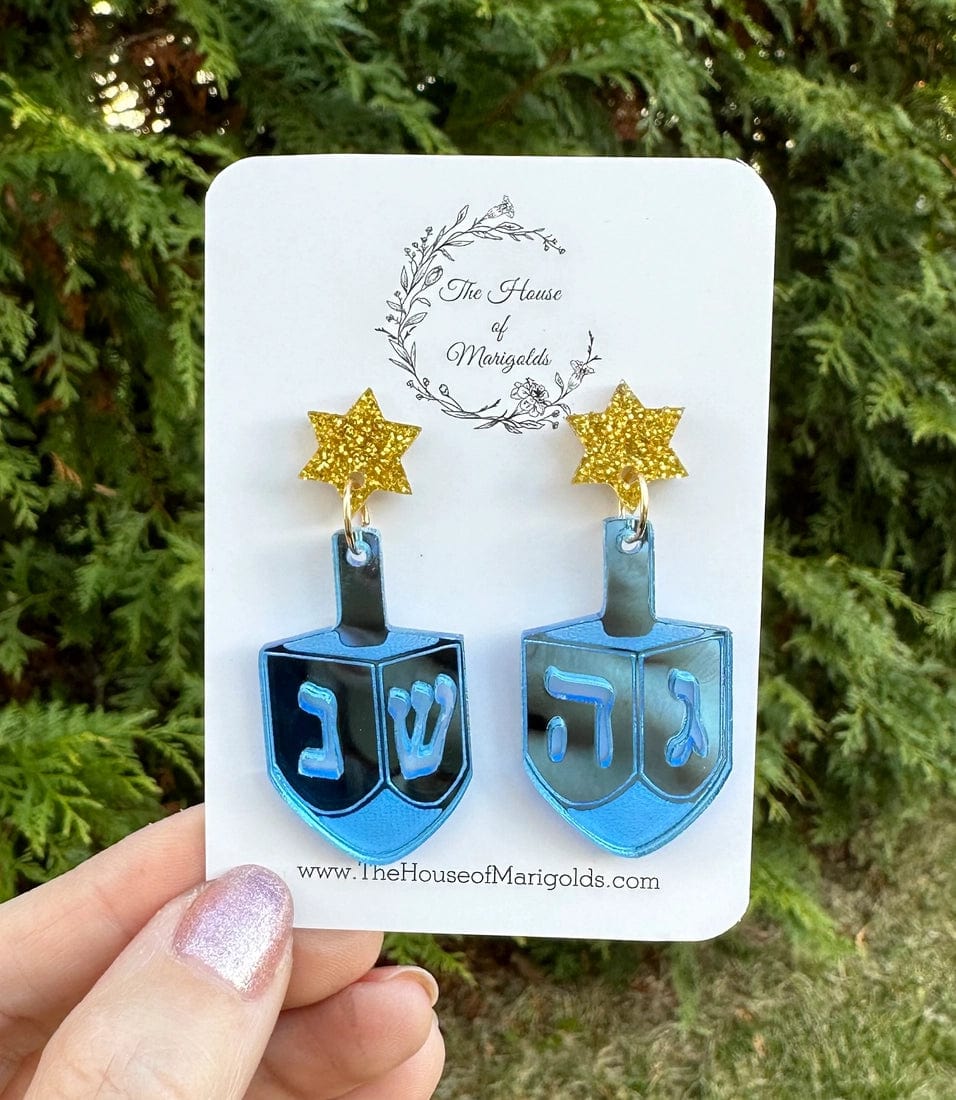 The House of Marigolds Earrings Dreidel Gold Star of David Dangle Earrings