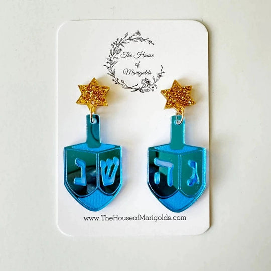 Dreidel Star of David Dangle Earrings - Gold or Silver