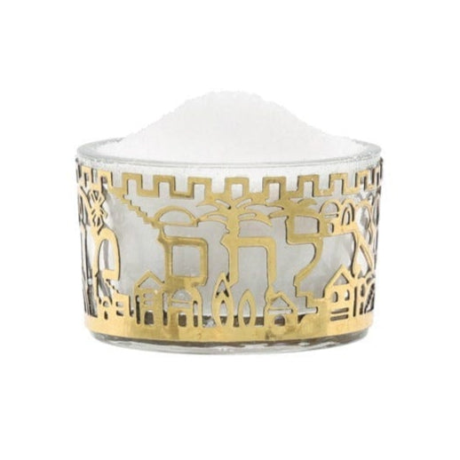 Yair Emanuel Serving Pieces Glass and Brass Cutout Jerusalem Salt Dish by Yair Emanuel