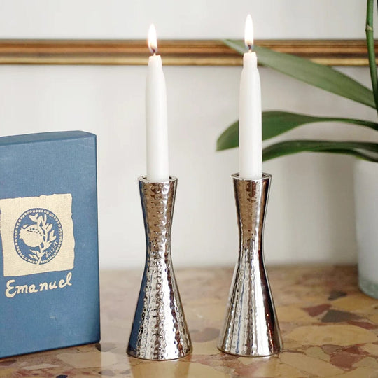 Small Silver Nickel Hammered Candlesticks by Yair Emanuel