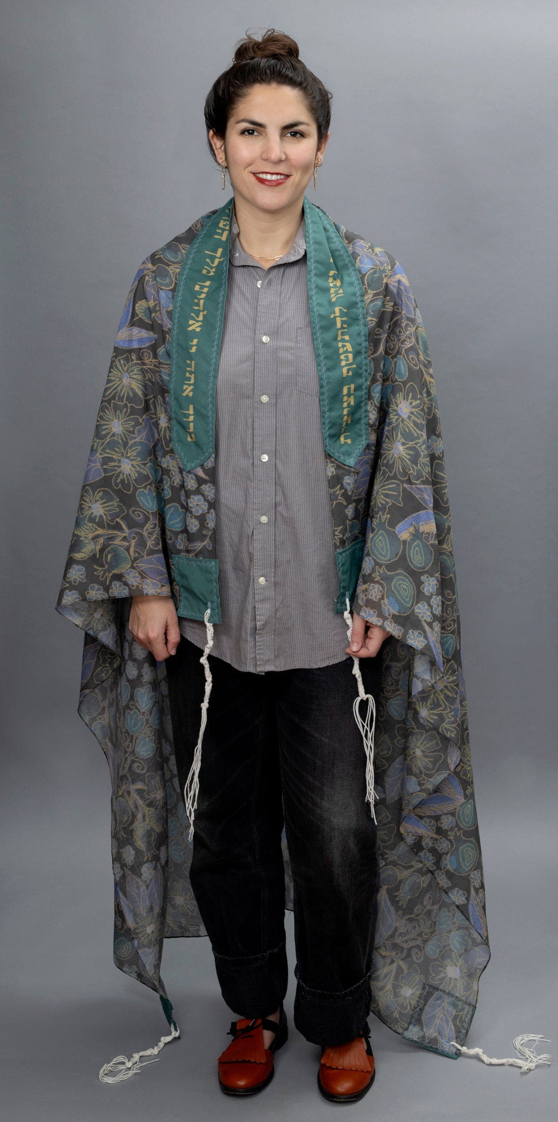 Elly Bovarnick Studios - Dark Blue, Green, and Yellow Pomegranates with Leaf Trim Tallit - ModernTribe
