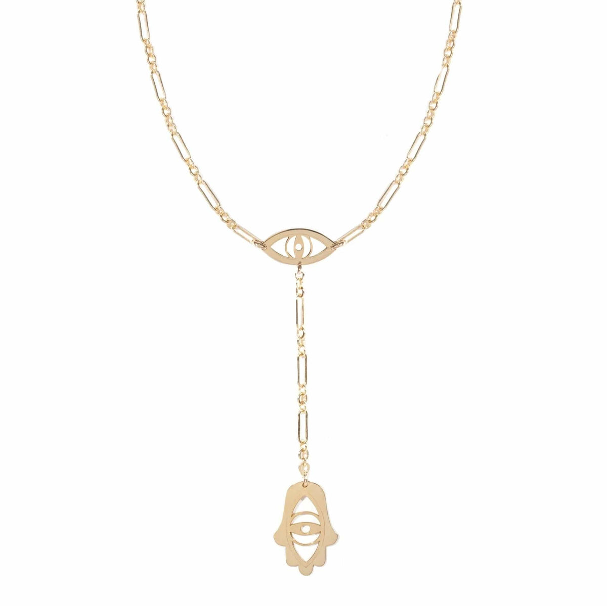 Miriam Merenfeld Jewelry - Gold - Plated Steph Eye and Hamsa Lariat - 18" - ModernTribe