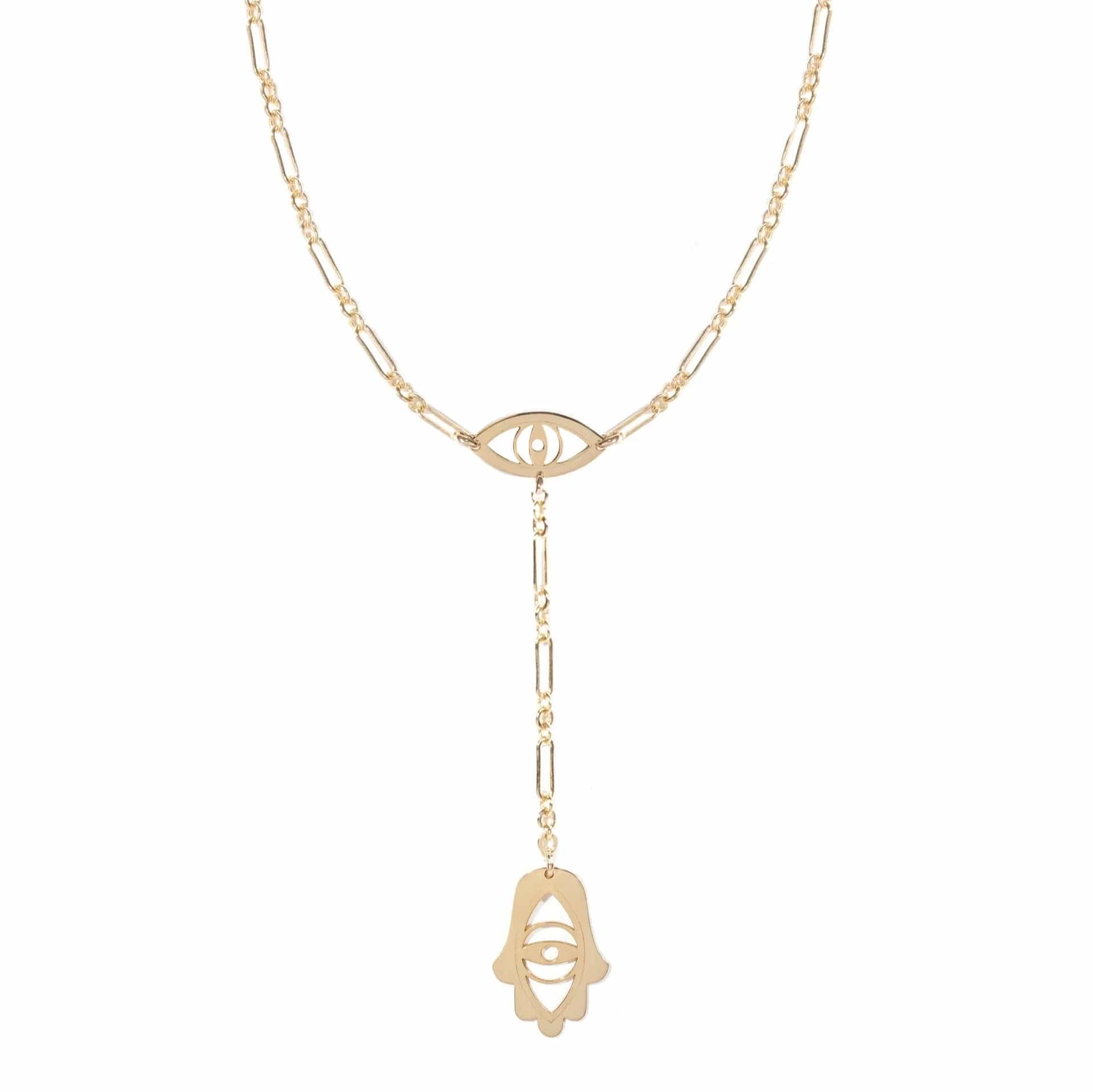 Miriam Merenfeld Jewelry Necklaces Steph Eye and Hamsa Lariat - (Sterling Silver, Gold-Plated or Two-Tone)