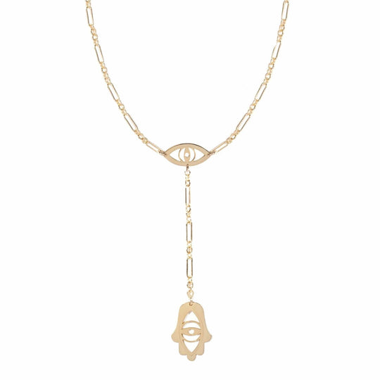 Gold-Plated Steph Eye and Hamsa Lariat - 18"