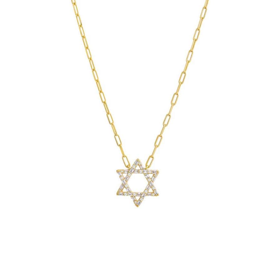 By Adina Eden Necklaces Gold Sparkling Solitaire Baguette Star of David Necklace - Gold-Plated or Sterling Silver