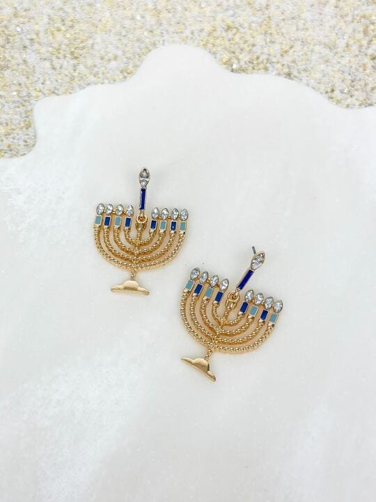 Prep Obsessed - Gold and Blue Menorah Dangle Earrings - ModernTribe