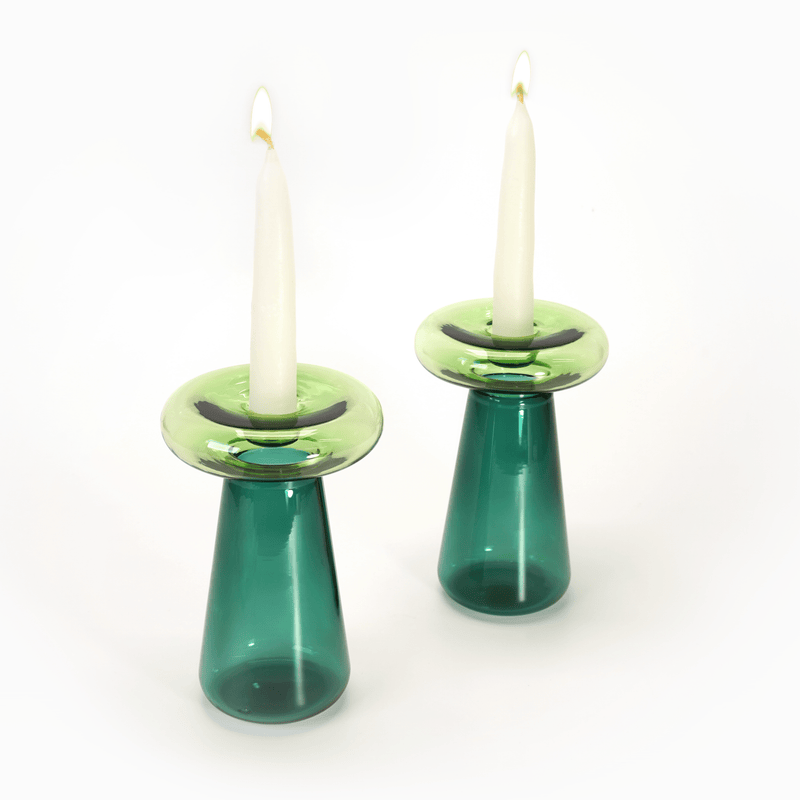 Tchotchke Judaica - Glass Mushroom Candlesticks - Emerald/Grass - ModernTribe