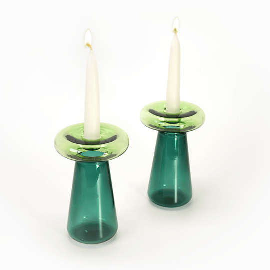 Glass Mushroom Candlesticks - Emerald/Grass
