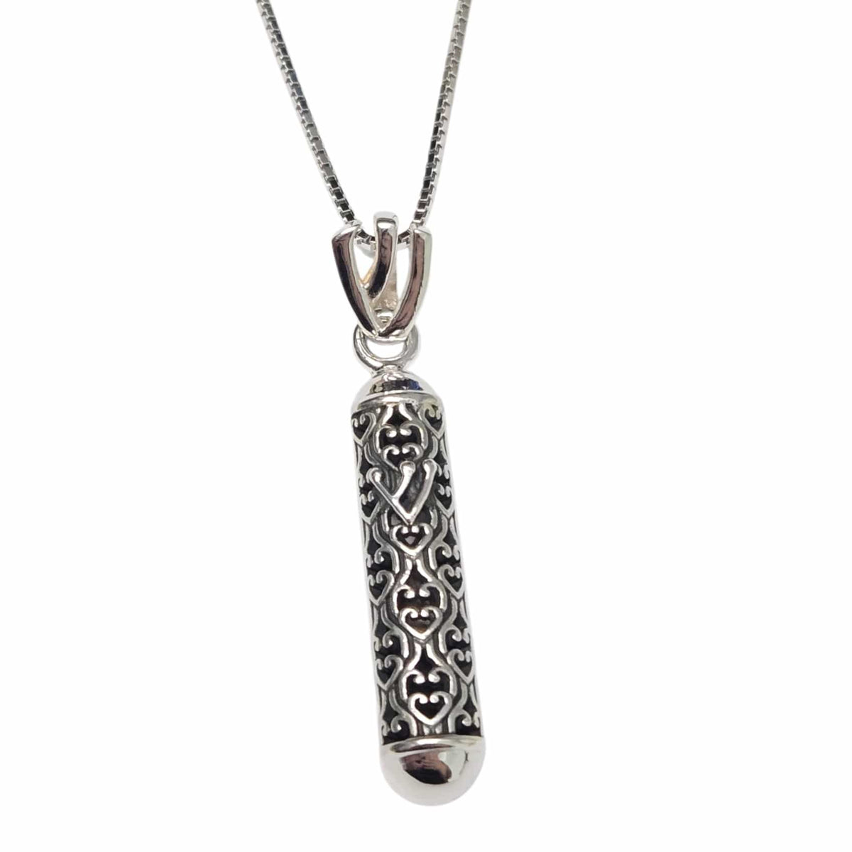 Bareket Jewelry Necklaces 16" Oxidized Box Chain Filigree Shin Mezuzah Necklace - Sterling Silver