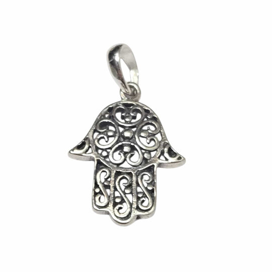 Large Filigree Hamsa Oxidized Necklace - Sterling Silver