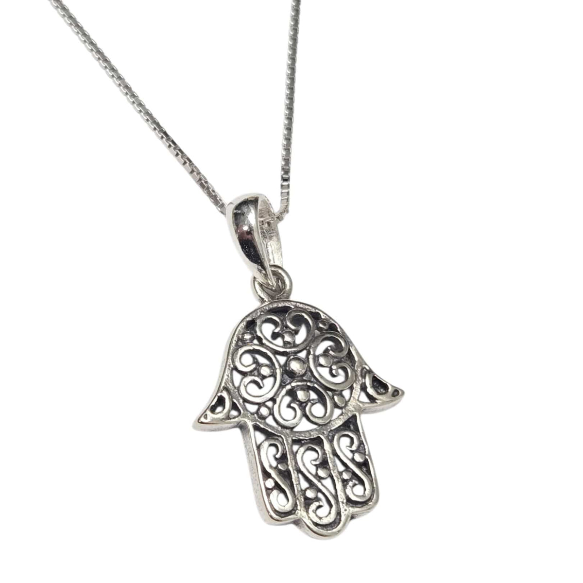 Bareket Jewelry Necklaces 16" Oxidized Box Chain Large Filigree Hamsa Oxidized Necklace - Sterling Silver