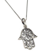 Bareket Jewelry Necklaces 16" Oxidized Box Chain Large Filigree Hamsa Oxidized Necklace - Sterling Silver