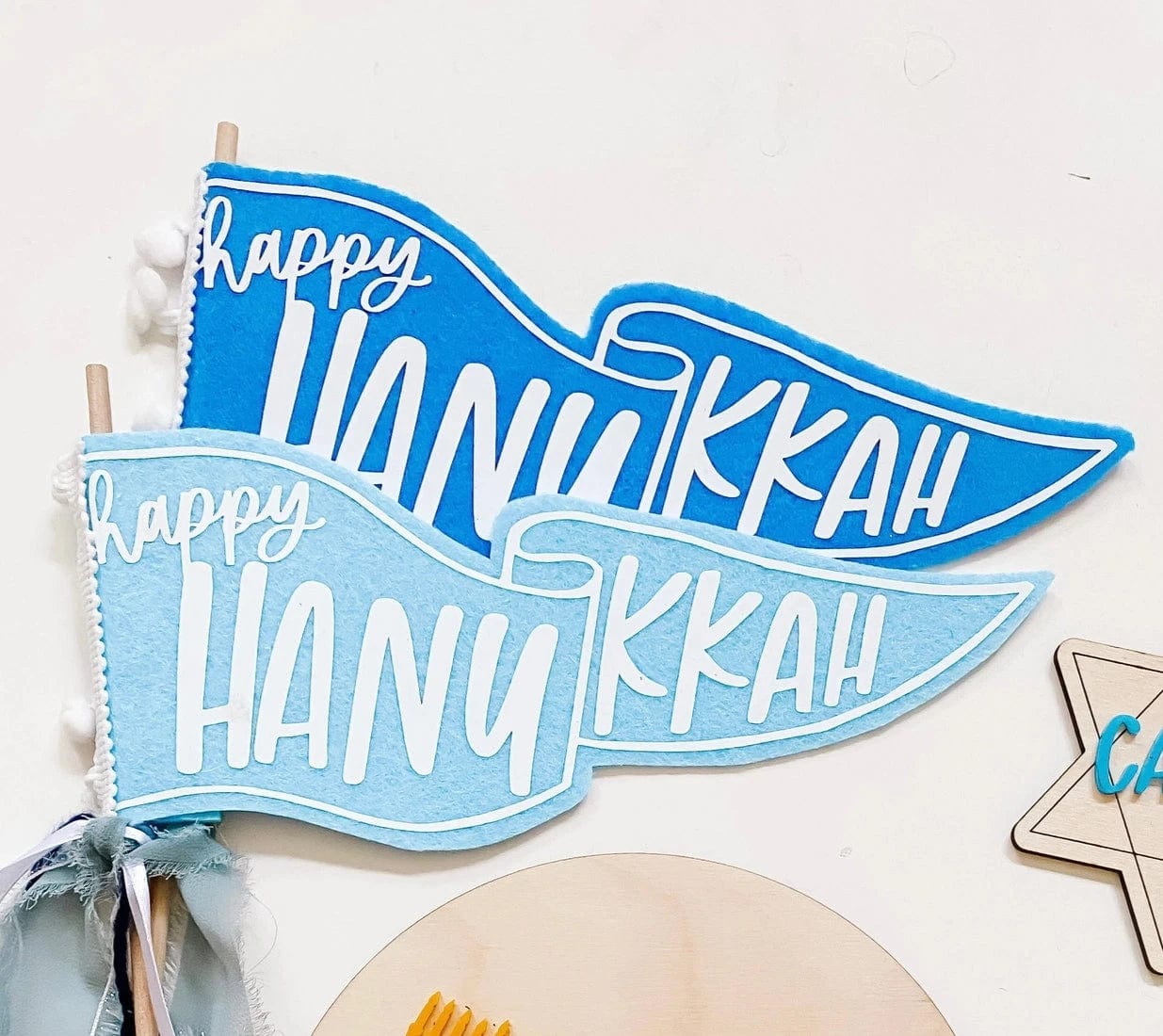 Goldie Letter Company - Happy Hanukkah Felt Flag with Ribbons - (Light or Dark Blue) - ModernTribe