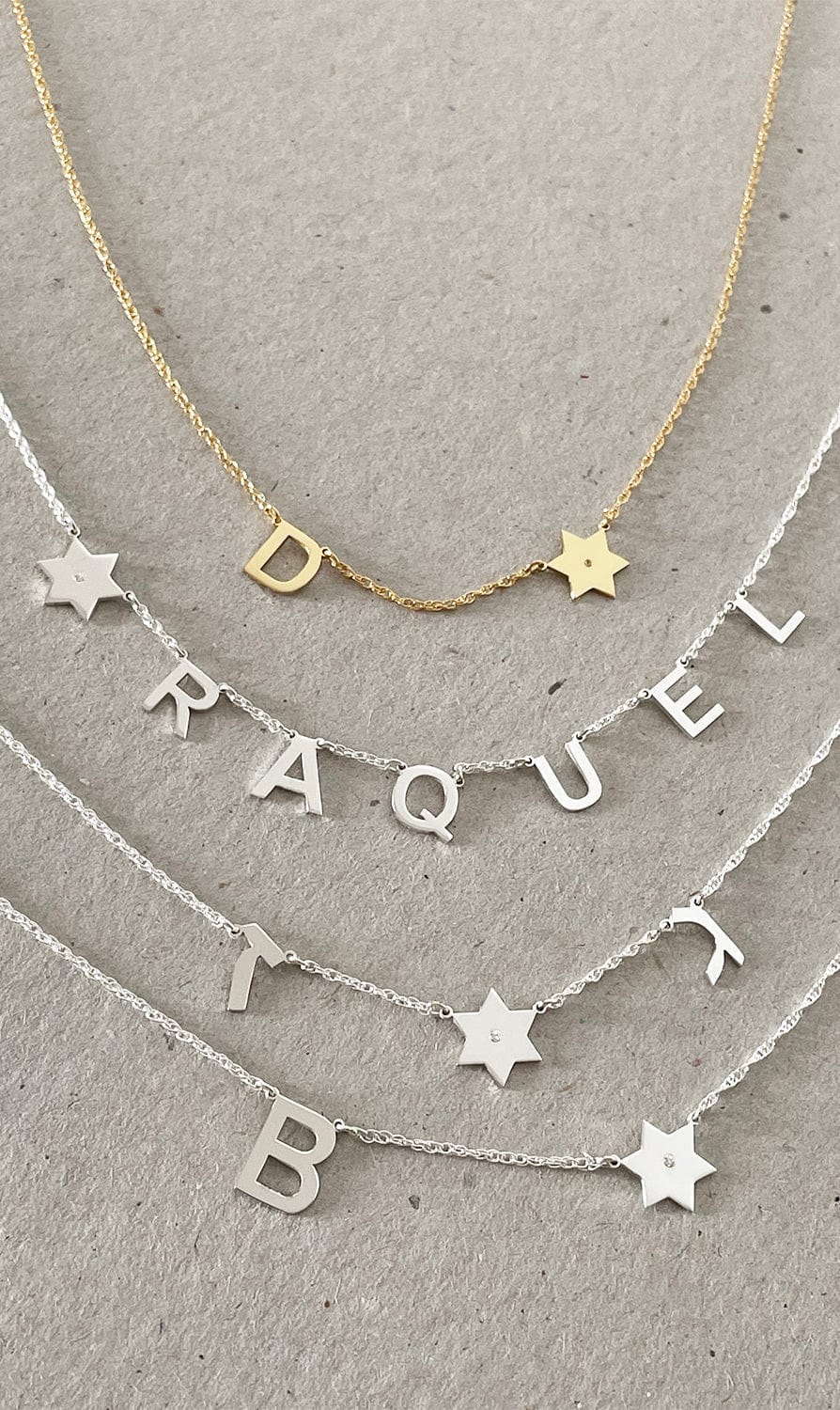 Miriam Merenfeld Jewelry Necklaces English or Hebrew Spaced Initials and Star of David Diamond Necklace - (Sterling Silver, Gold-Plated or Two-Tone)