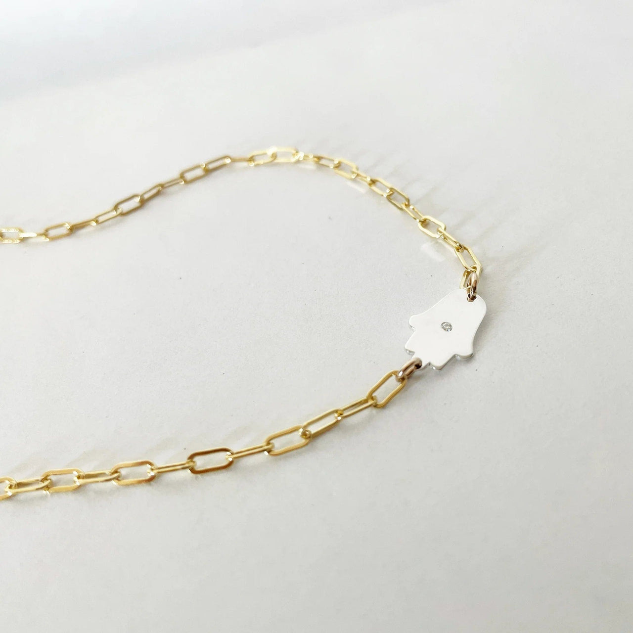 Miriam Merenfeld Jewelry - Dani Hamsa Diamond Paperclip Necklace - (Sterling Silver, Gold - Plated, or Two - Tone) - ModernTribe