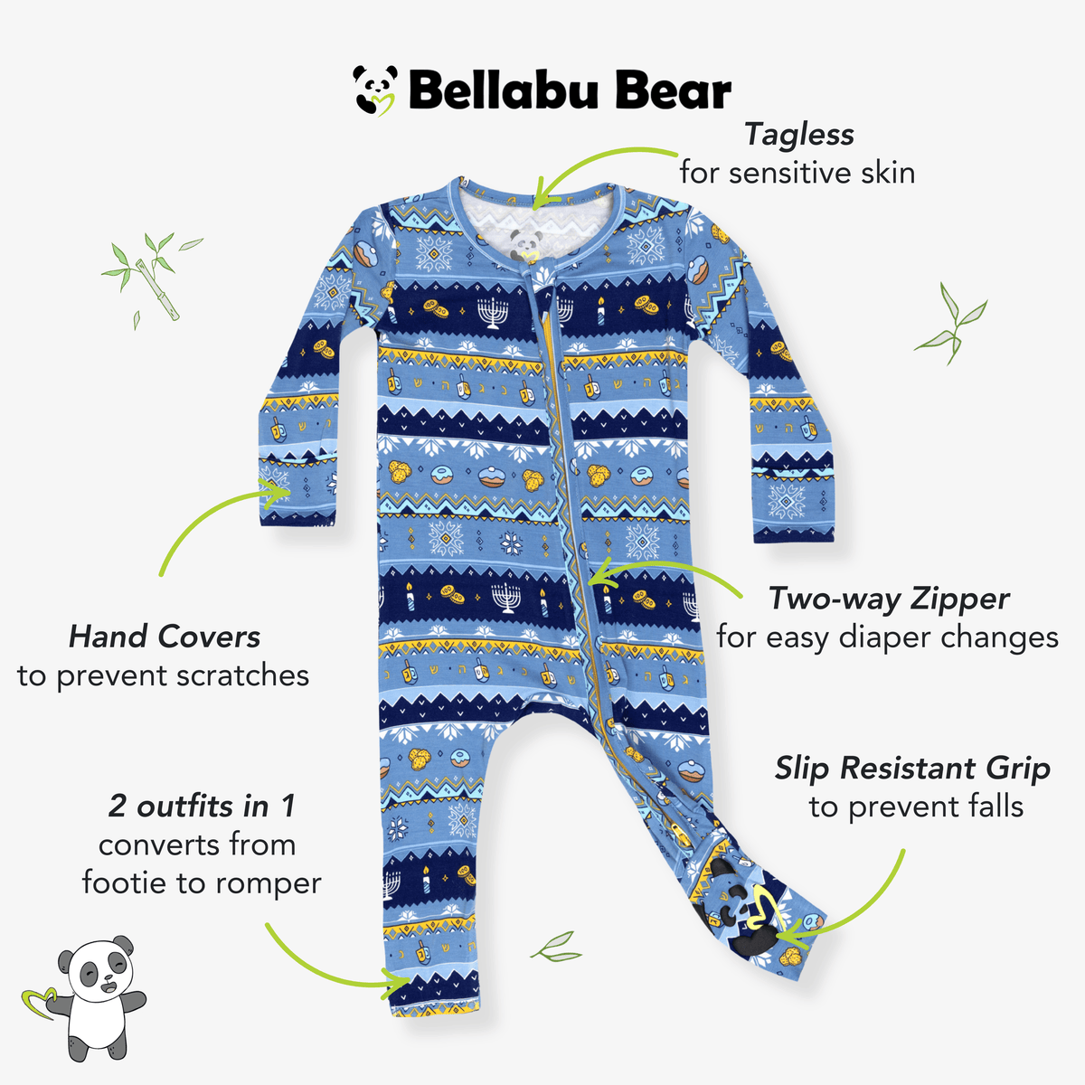 Bellabu Bear Pajamas Hanukkah Fair Isle Bamboo Convertible Footie by Bellabu Bear - (Baby Sizes 0 - 18M)