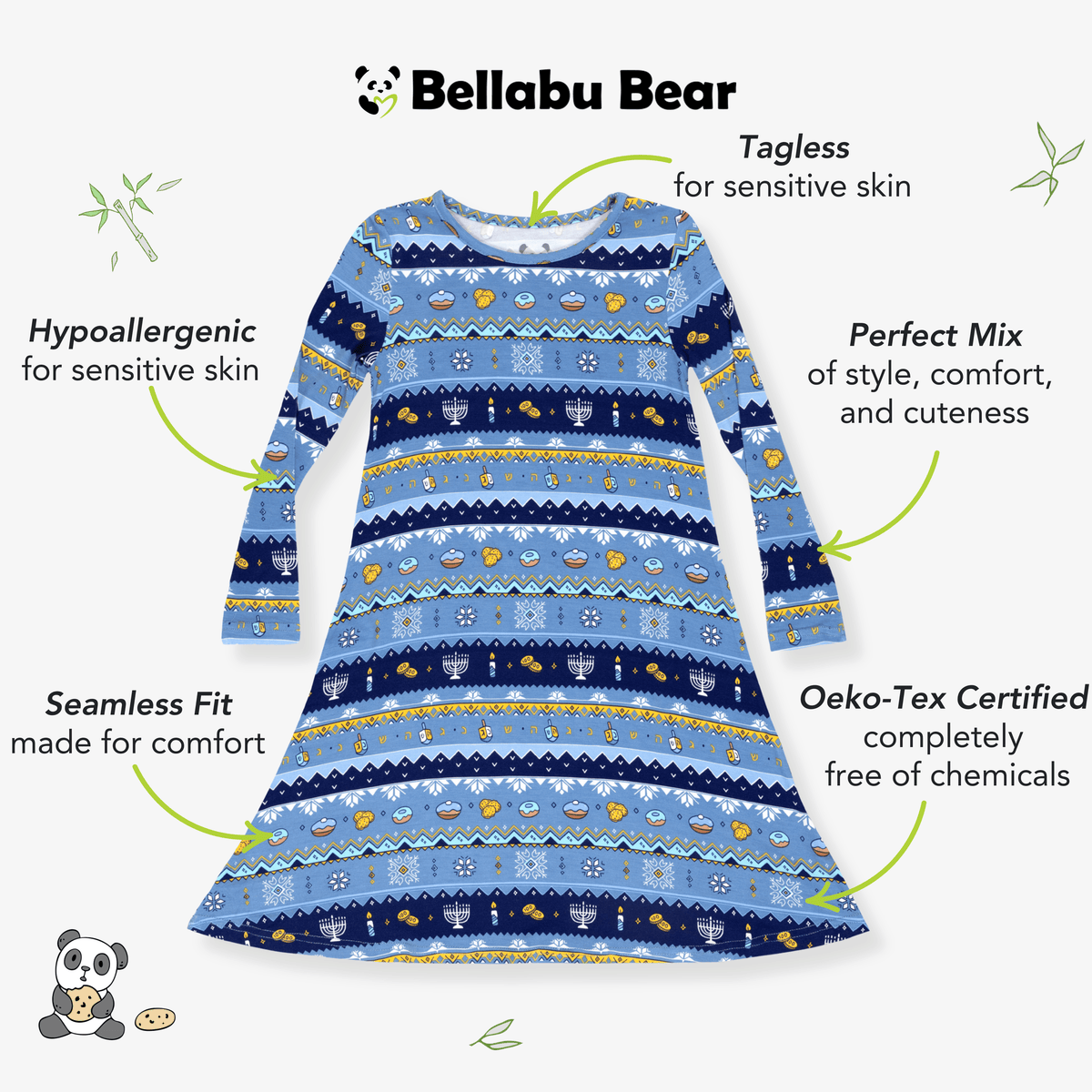 Bellabu Bear Dresses Hanukkah Fair Isle Bamboo Girls' Long Sleeve Dress by Bellabu Bear - (Sizes 2T - 14)