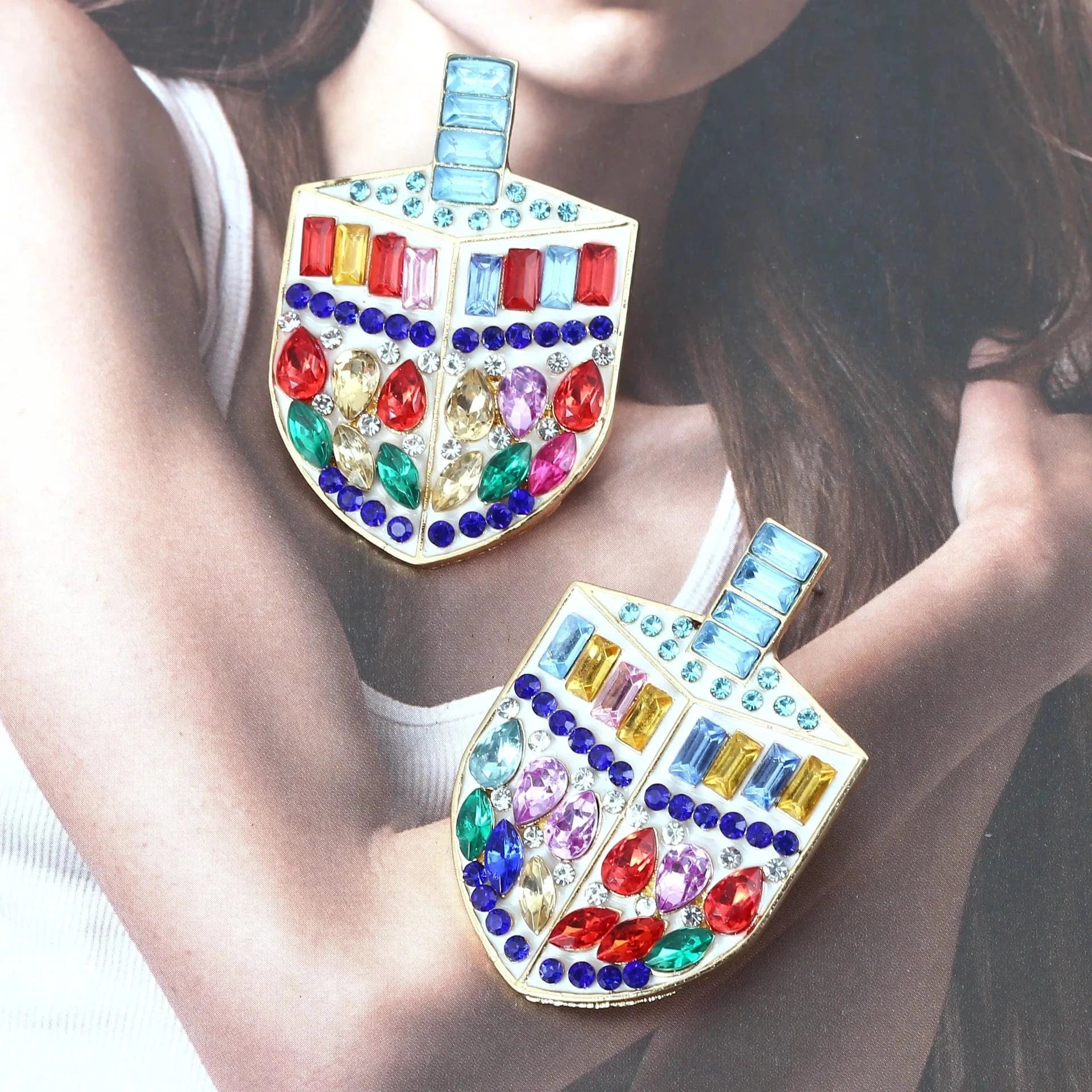 Turtley Trendy Earrings Colorful Cystal Dreidel Earrings