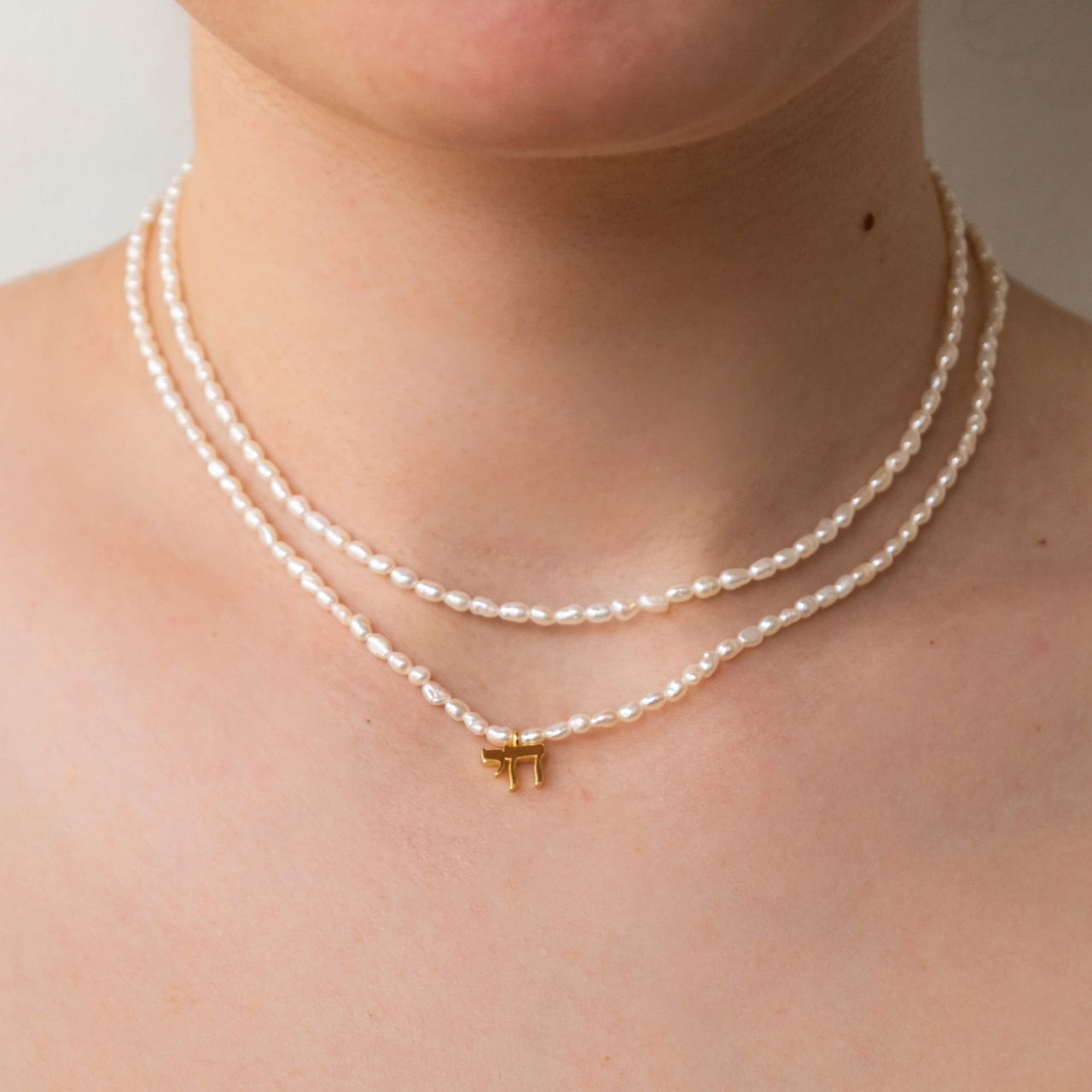 Hineni Necklaces Gold / Layered with Pearl Chain The Everyday Pearl Chai Necklace - Gold Vermeil or Sterling Silver