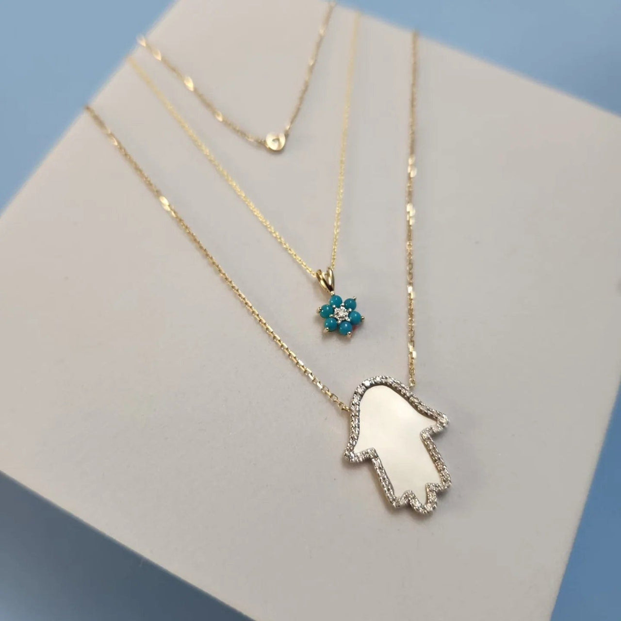 Alef Bet - 14k Gold Hamsa Diamond Frame Necklace - Turquoise or Mother of Pearl - ModernTribe